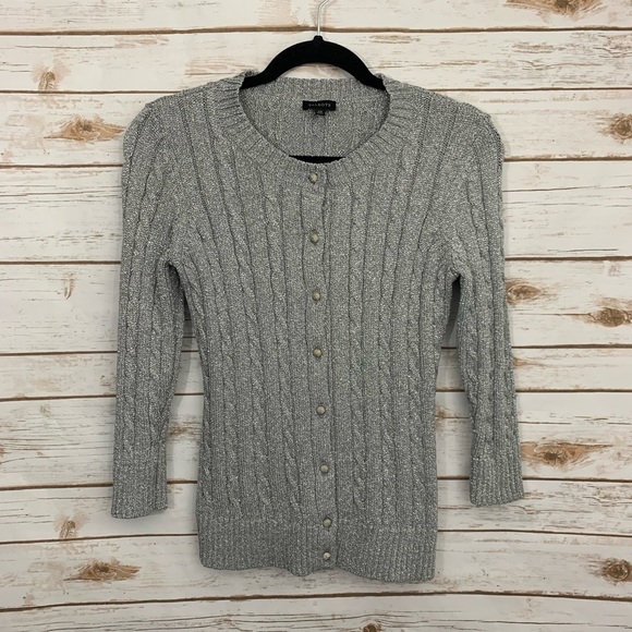 Talbots Holiday Gray Metallic Cable Knit Cardigan - Picture 1 of 6